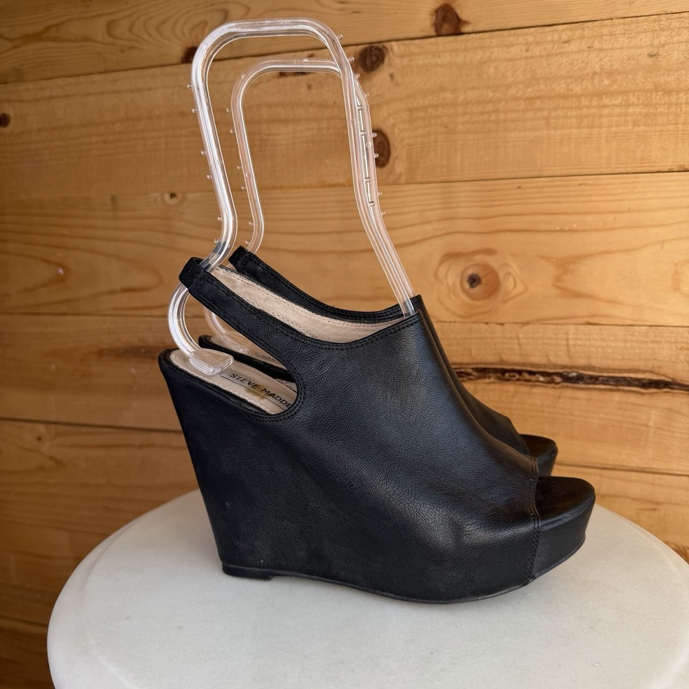 Steve Madden Leather Peeptoe Wedge Shoe 8M Blassst Black Whimsigoth Slingback - Picture 2 of 7
